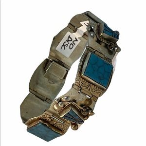 Vintage Sterling silver Mexico blue stone bracelet Aztec